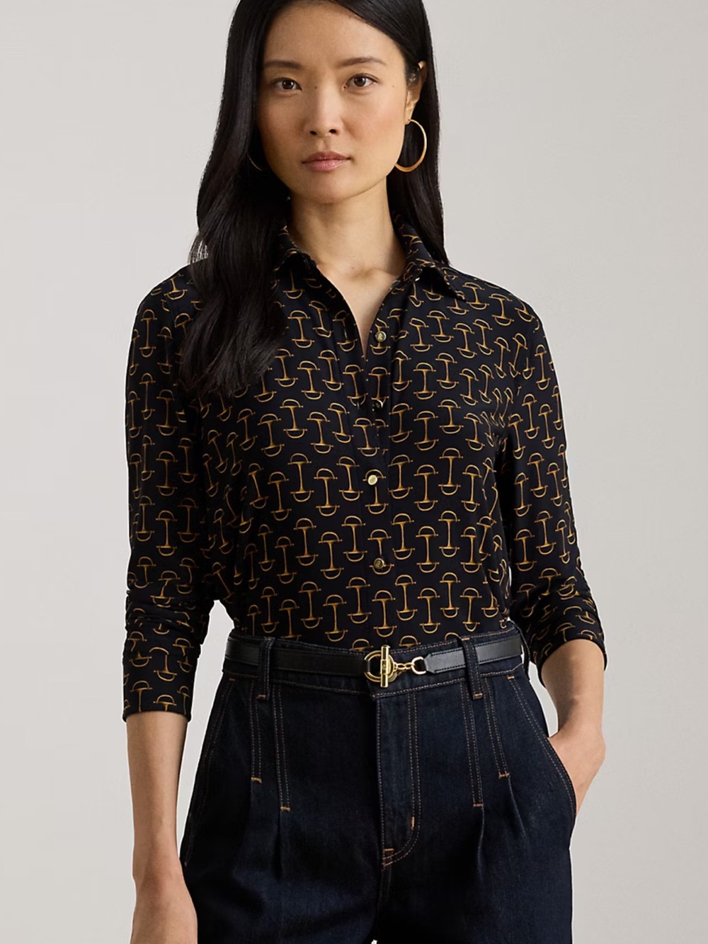 RALPH LAUREN Black & Gold Patterned Long-Sleeve Polo Top